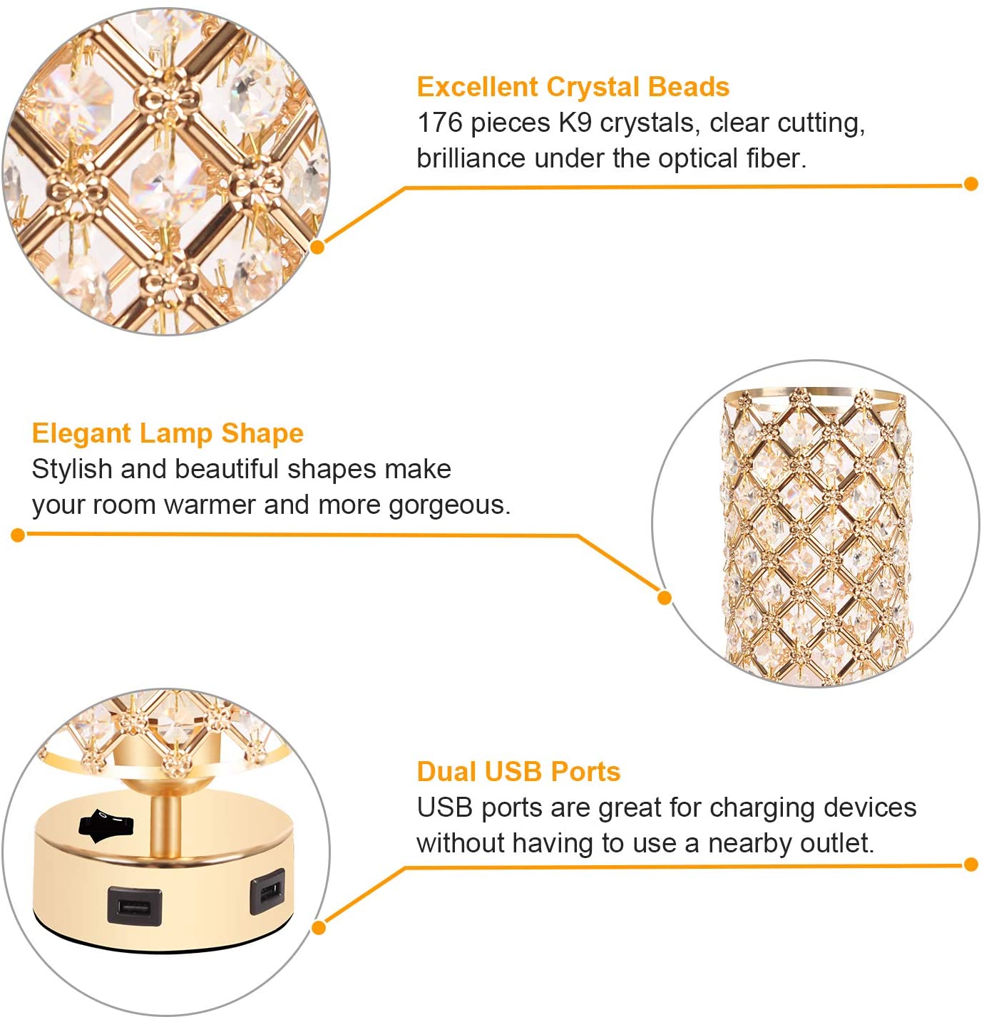 USB Crystal Table Lamp. Gold Table Lamp with Dual USB Charging Ports