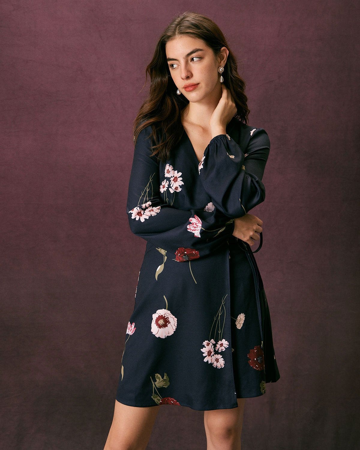 The Navy V Neck Floral Tie Wrap Mini Dress