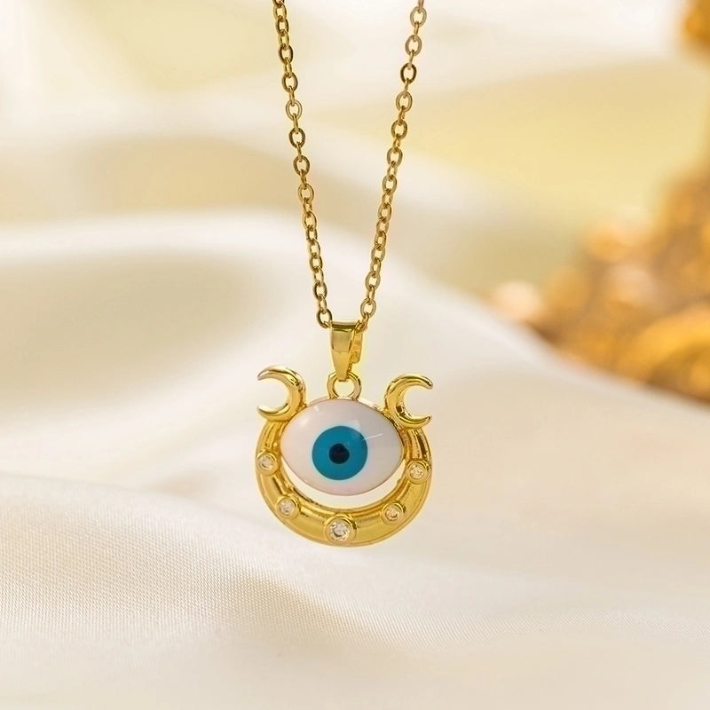 304 Stainless Steel 18K Gold Plated Vintage Style Minimalist Inlaid Zircon Eye Artificial Rhinestones Resin Pendant Necklace