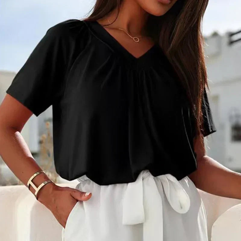 💖Hot Sales-49% OFF✨Women's Casual Pleated V-Neck Short-Sleeve Top