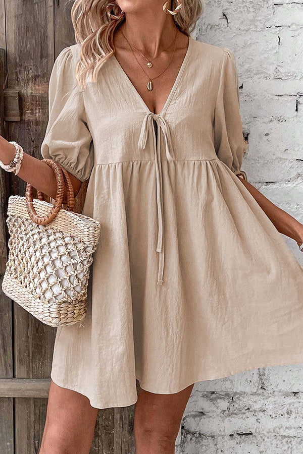 V Neck Solid Tie Front Casual Mini Dress