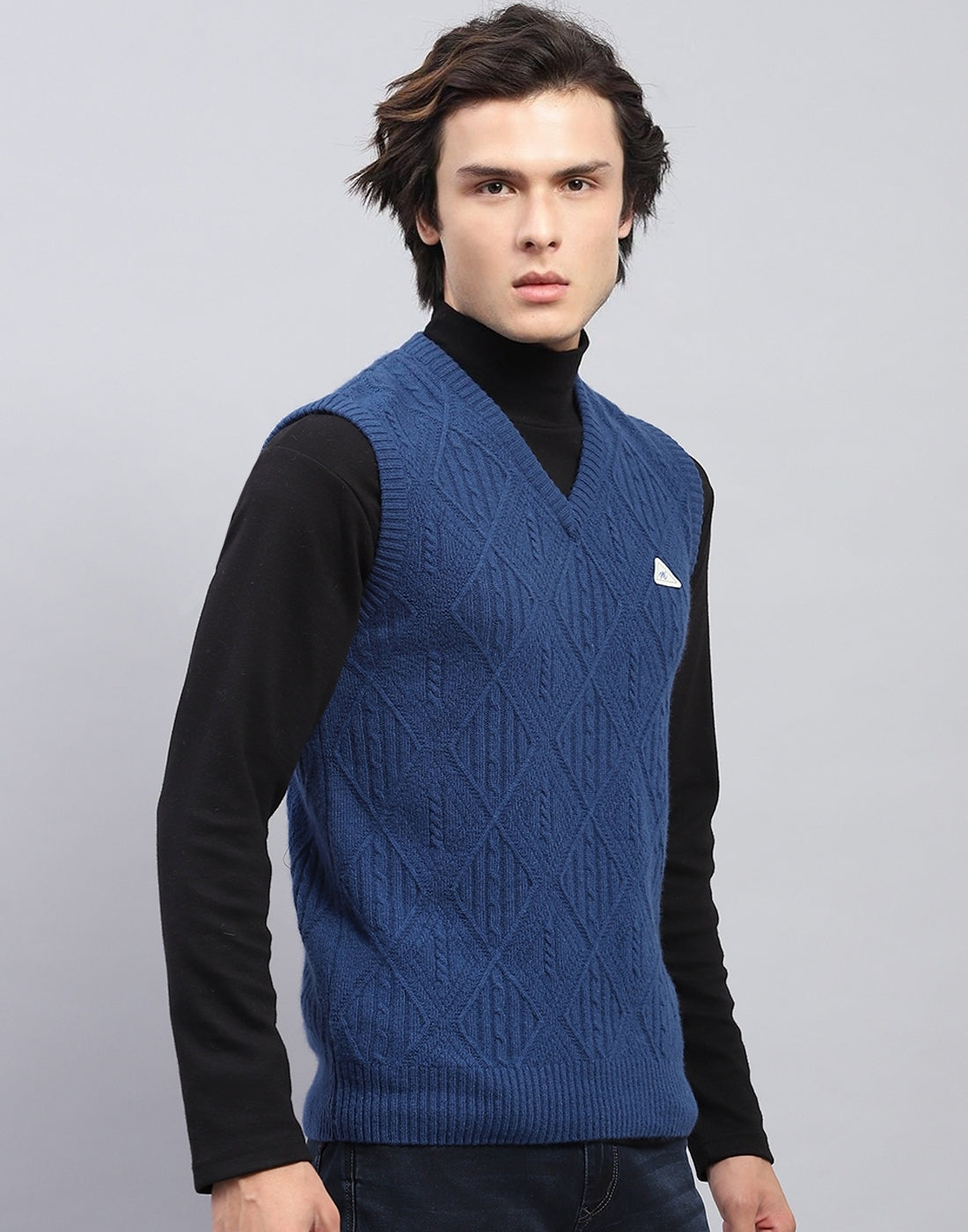 Men Blue Self Design V Neck Sleeveless Sweater