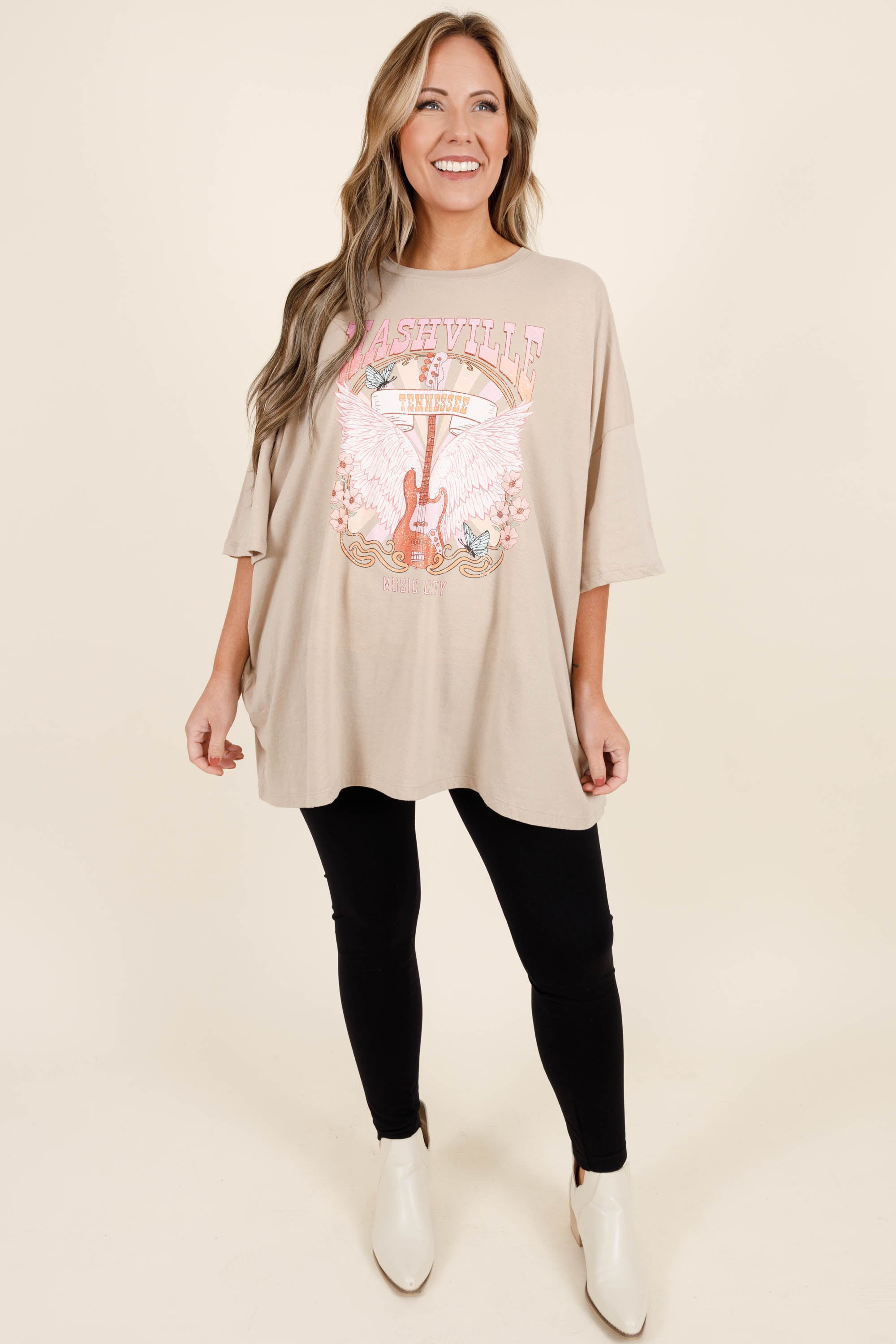 Night In Nashville Boyfriend Tee. Light Mocha