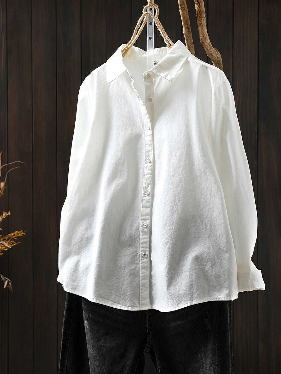 Women Summer Pure Color Turn-down Collar 100%Cotton Shirt