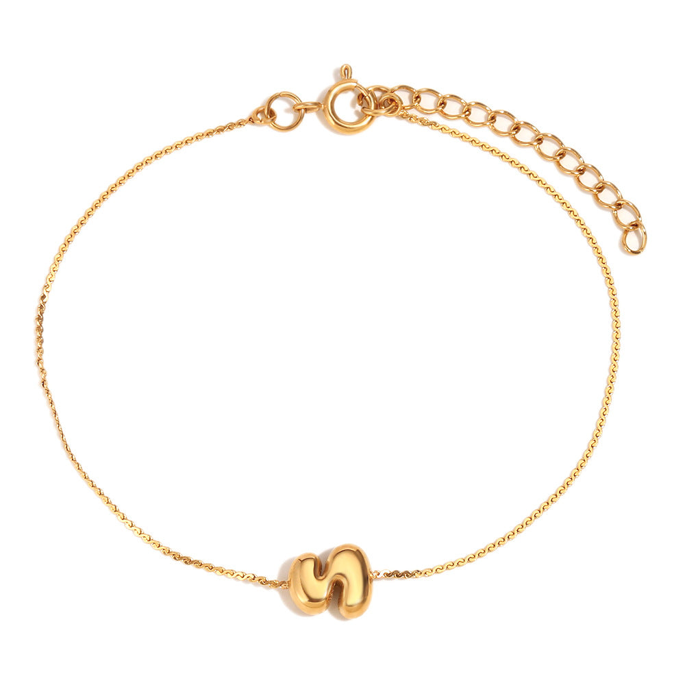 Fashionable Niche Personality Hot Style Simple Hand Jewelry Stainless Steel Plated 18K Gold Bubble Letter S Chain Bracelet