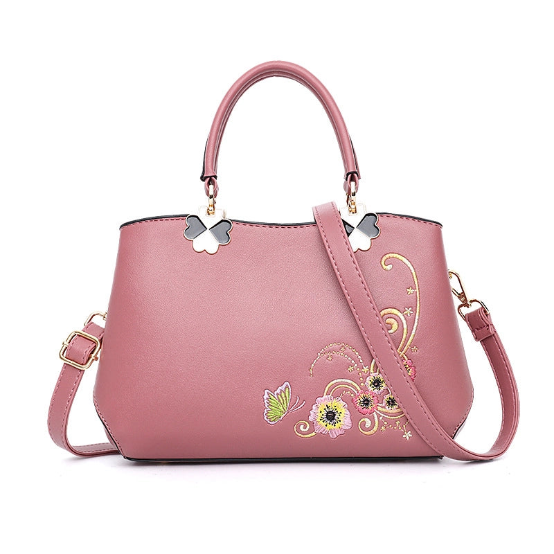 Women's Pu Leather Flower Bee Classic Style Sewing Thread Bucket Zipper Handbag Crossbody Bag