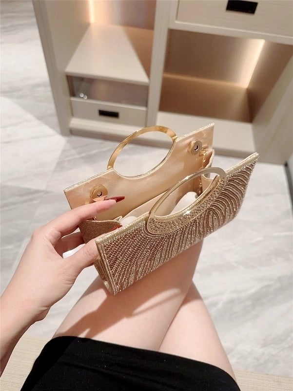 Gold Rhinestone Solid Color Square Evening Bags