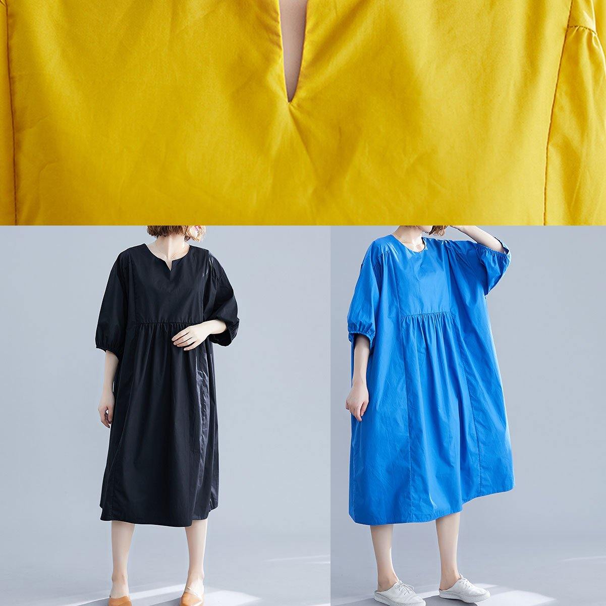 Loose yellow o neck cotton Tunics Cinched Maxi summer Dresses