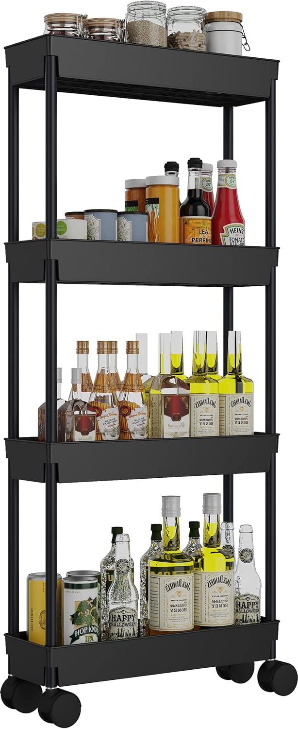 4 Tier Slim Storage Cart. Rolling Storage Cart. Narrow Shelf For Kitchen. Bathroom. Laundry Room (Black)