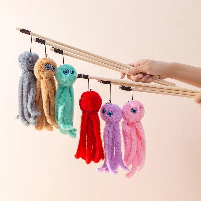 Octopus Cat Toy Stick Wooden Rod Plush Realistic Doll Toy For Cats Interactive Fluffy Furry Pet Kitten