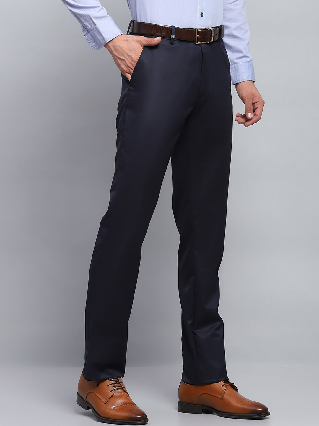 Men Navy Blue Solid Smart Fit Trouser