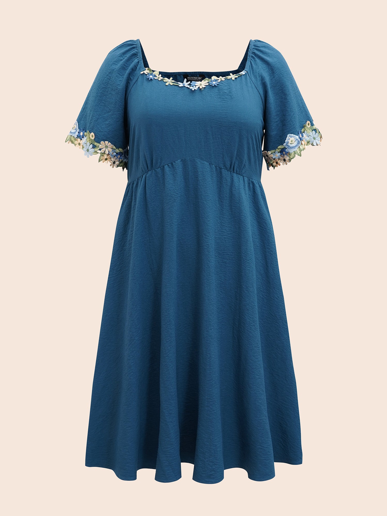 Floral Embroidered Heart Neckline Gathered Dress