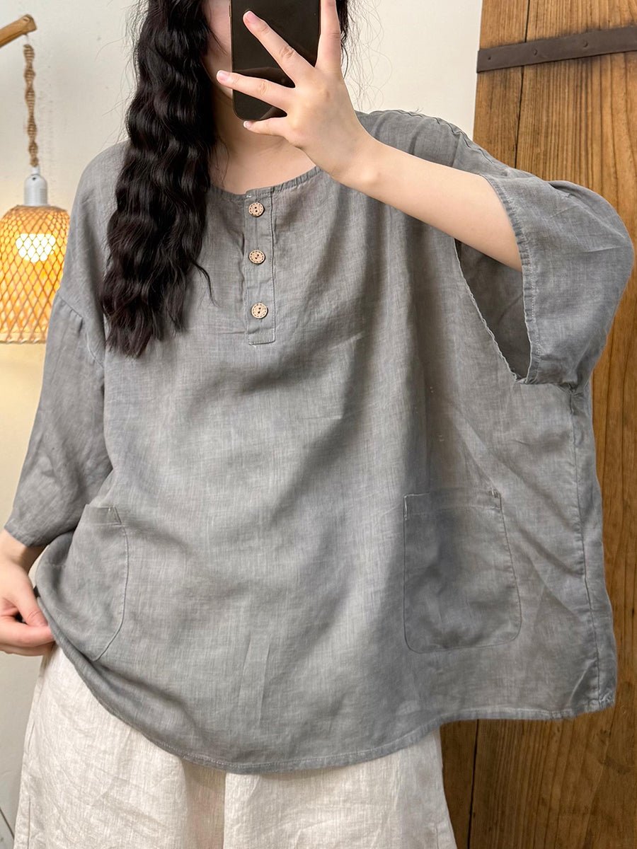 Women Summer Retro Pure Color O-Neck Linen Shirt