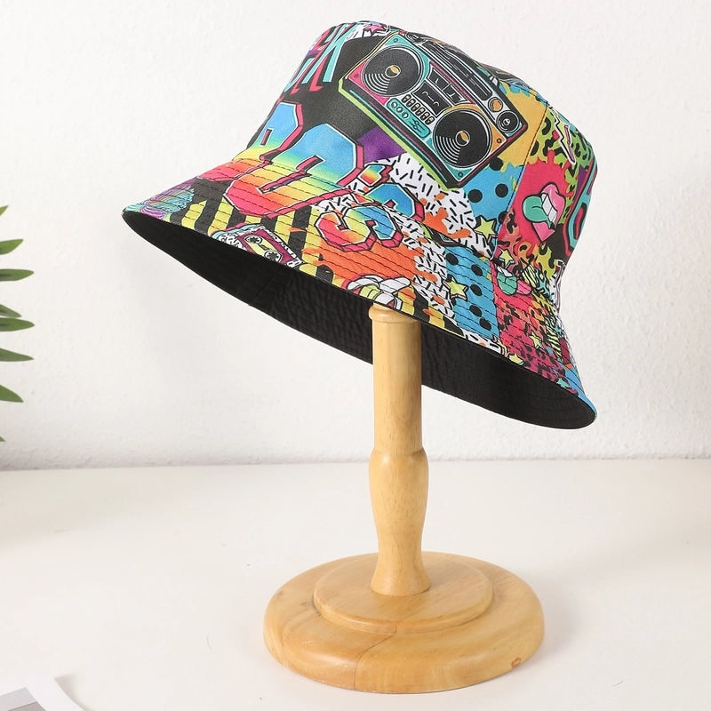 Unisex Casual Retro Artistic Letter Color Block Printing Curved Eaves Bucket Hat
