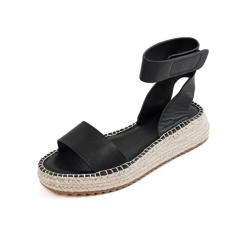 Summer Espadrille Platform Sandals Open Toe Cow Leather Wedge Sandals with Velcro Strap in Apricot Yellow/Beige/Black