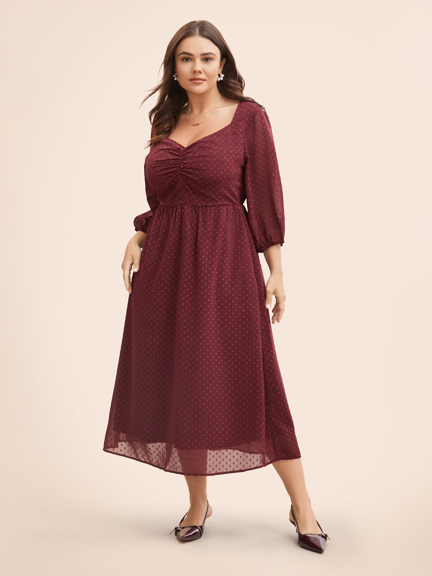 Plain Textured Ruched Lantern Sleeve Dress