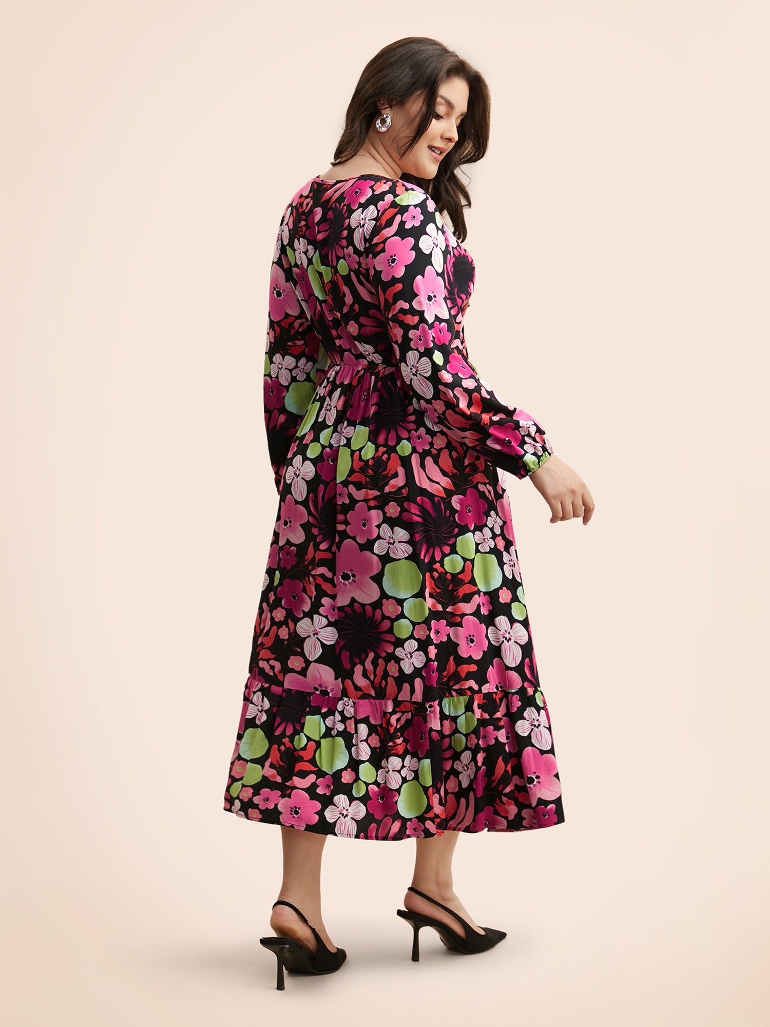 Floral V Neck Lantern Sleeve Dress