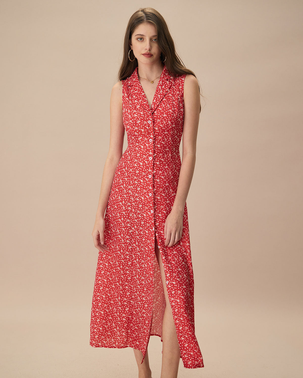 The Red Collared Button-up Floral Maxi Dress