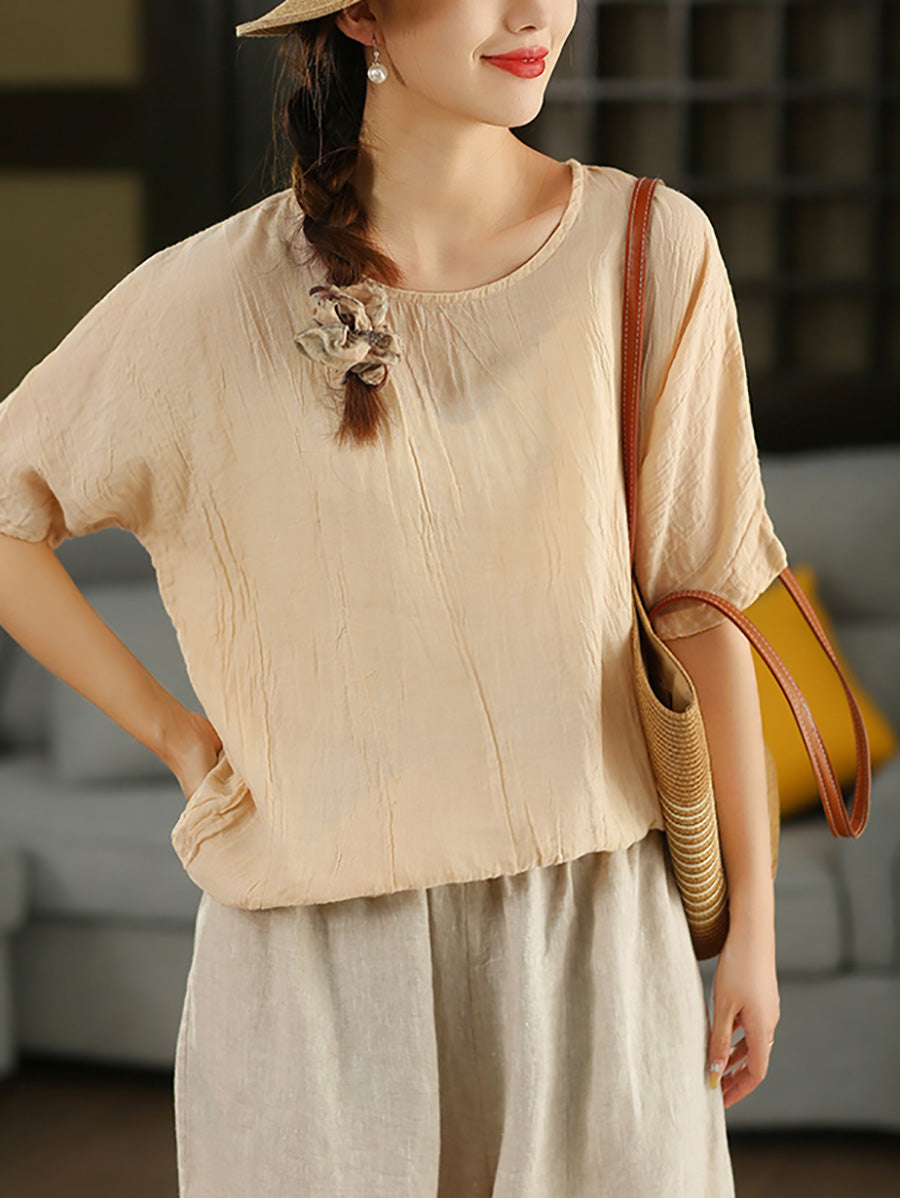 Women Summer Casual Pure Color O-Neck Shirt