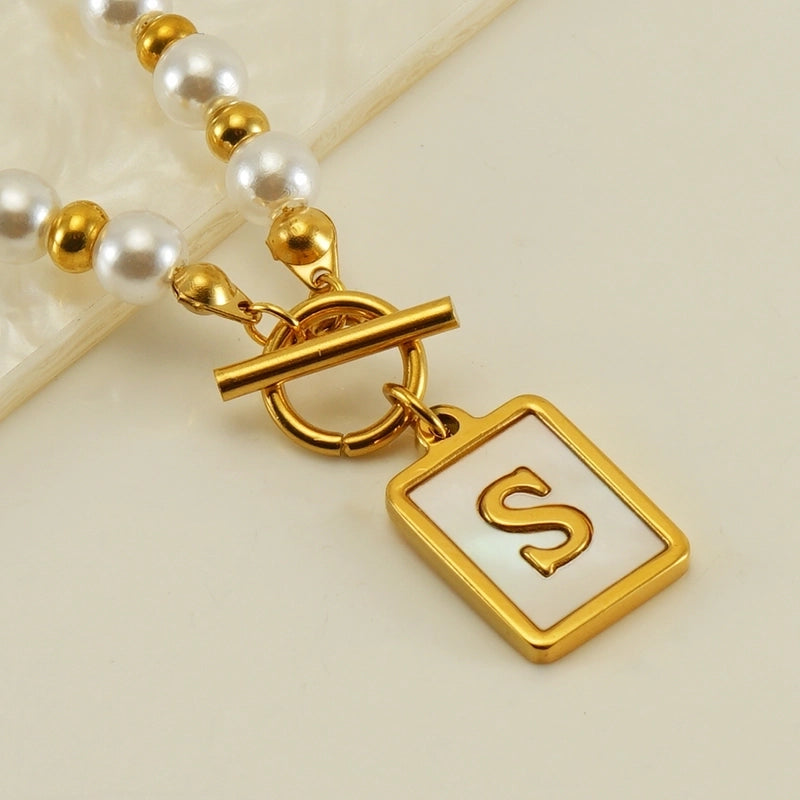 Stainless Steel 18K Gold Plated Elegant French Style Pearl Plating Inlay Letter Shell Pendant Necklace