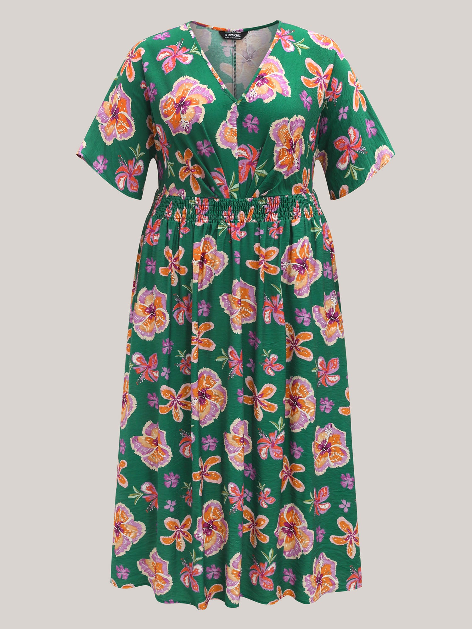 Large Floral Print Shirred Waist Midi Dress