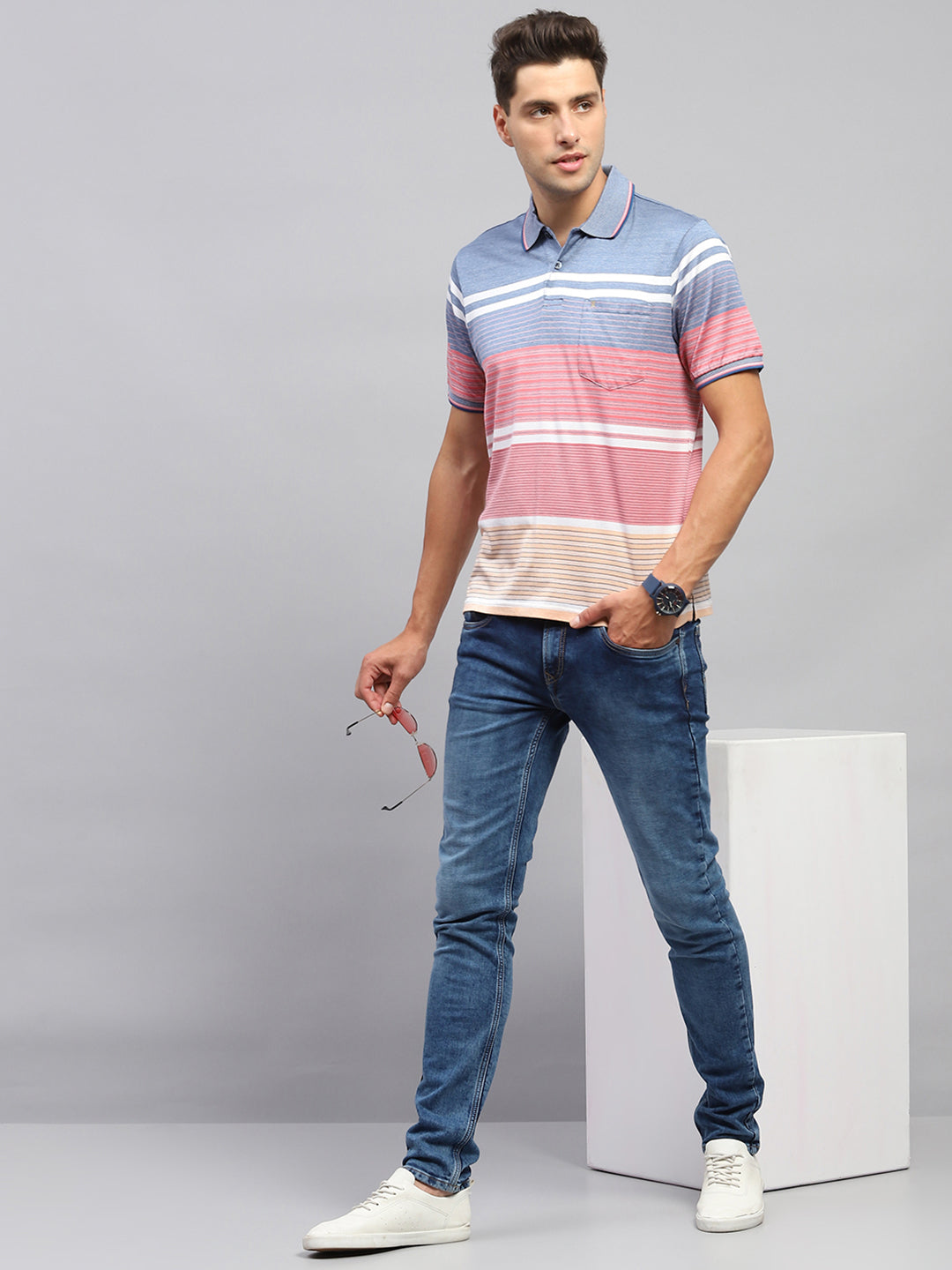 Men Pink & Blue Stripe Collar Half Sleeve T-Shirt