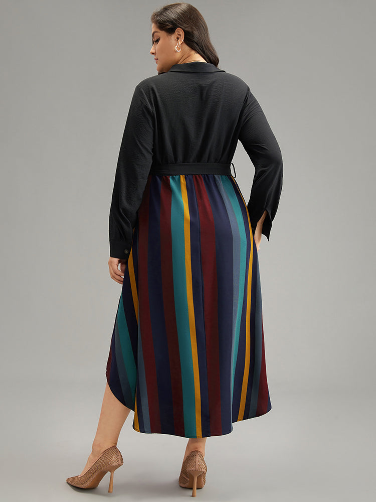 Colour Striped Patchwork Belted Button Through Dress