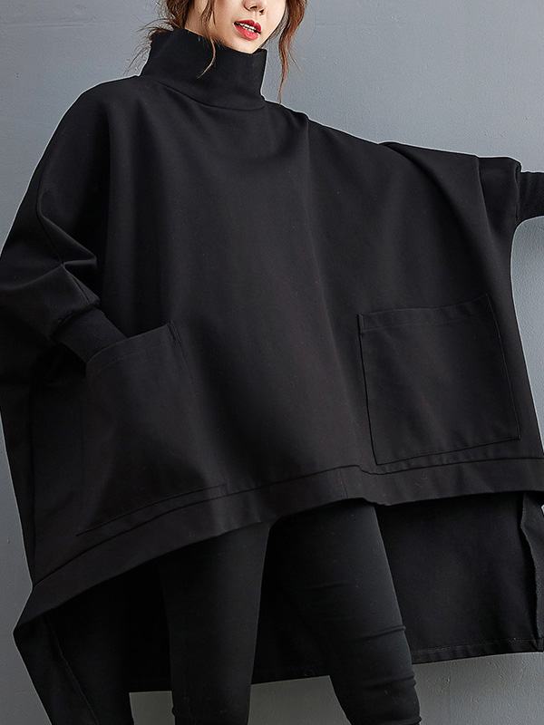 Urban Solid Color High-Neck High-Low Sweatshirt Top