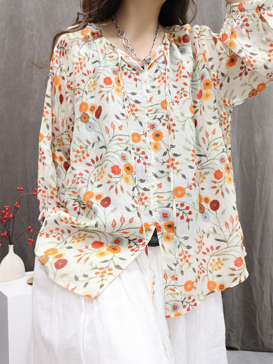 Women Summer Vintage Flower Hooded Ramie Shirt