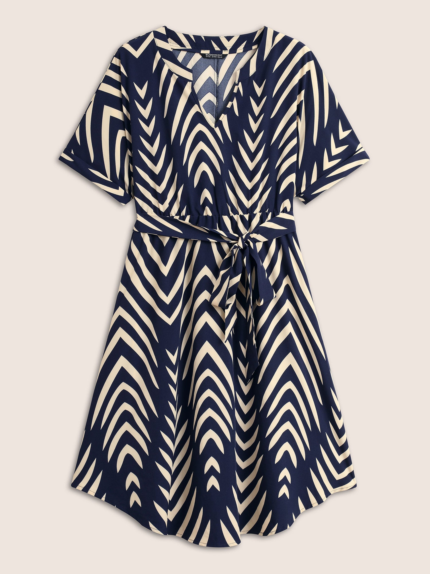 Geometric Belted Dolman Sleeve Curved Hem Dress