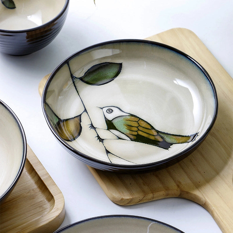Ceramic Plate Bowl Dish Distinctive Bird Deep Plate Household Dining Bowl Creative Underglaze Color Tableware
