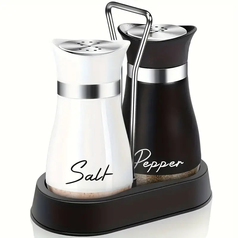 Salt and Pepper Shaker Set With Stand (Black and White Glass Material)