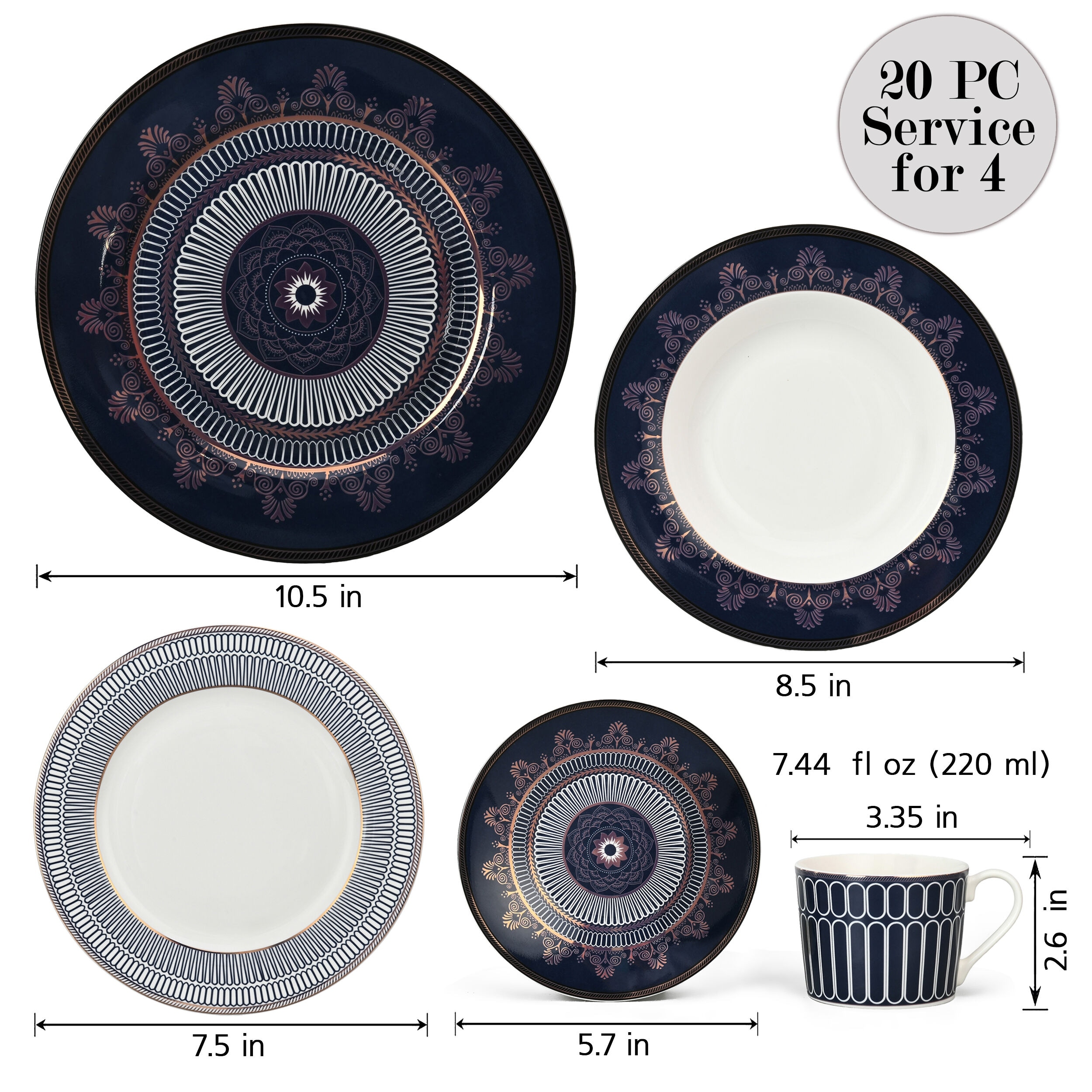 Luxury Cobalt Bone 5 Piece Porcelain Dinner Set