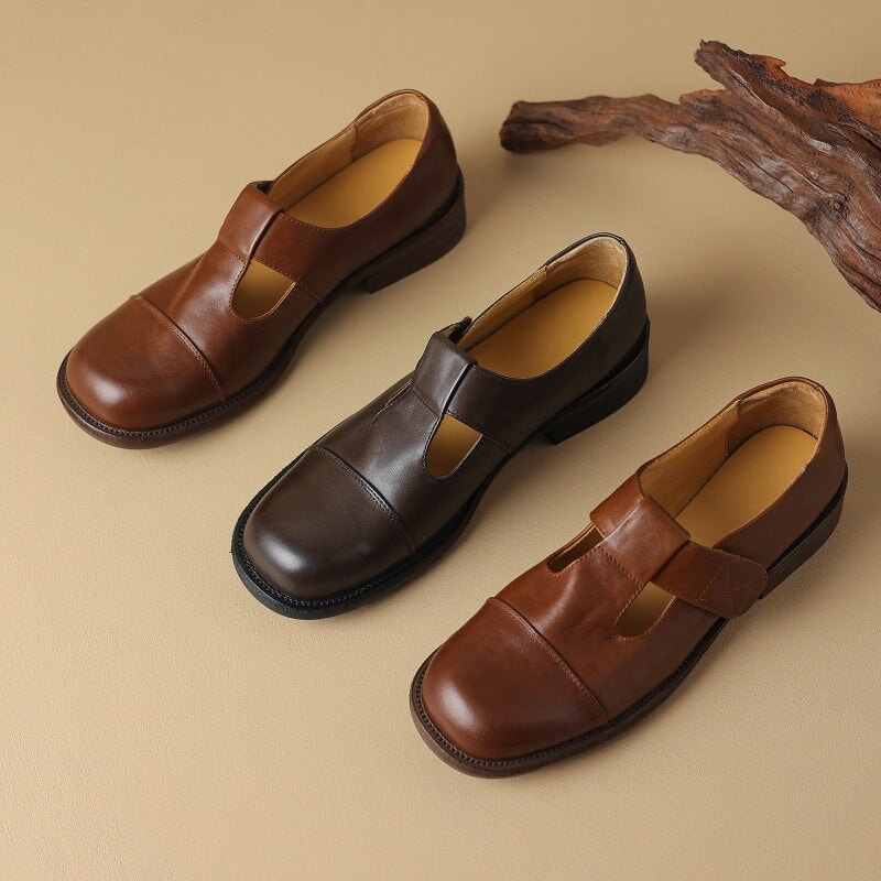 Vintage Leather T-strap Mary Jane Shoes For Women Round Toe in Coffee/Brown