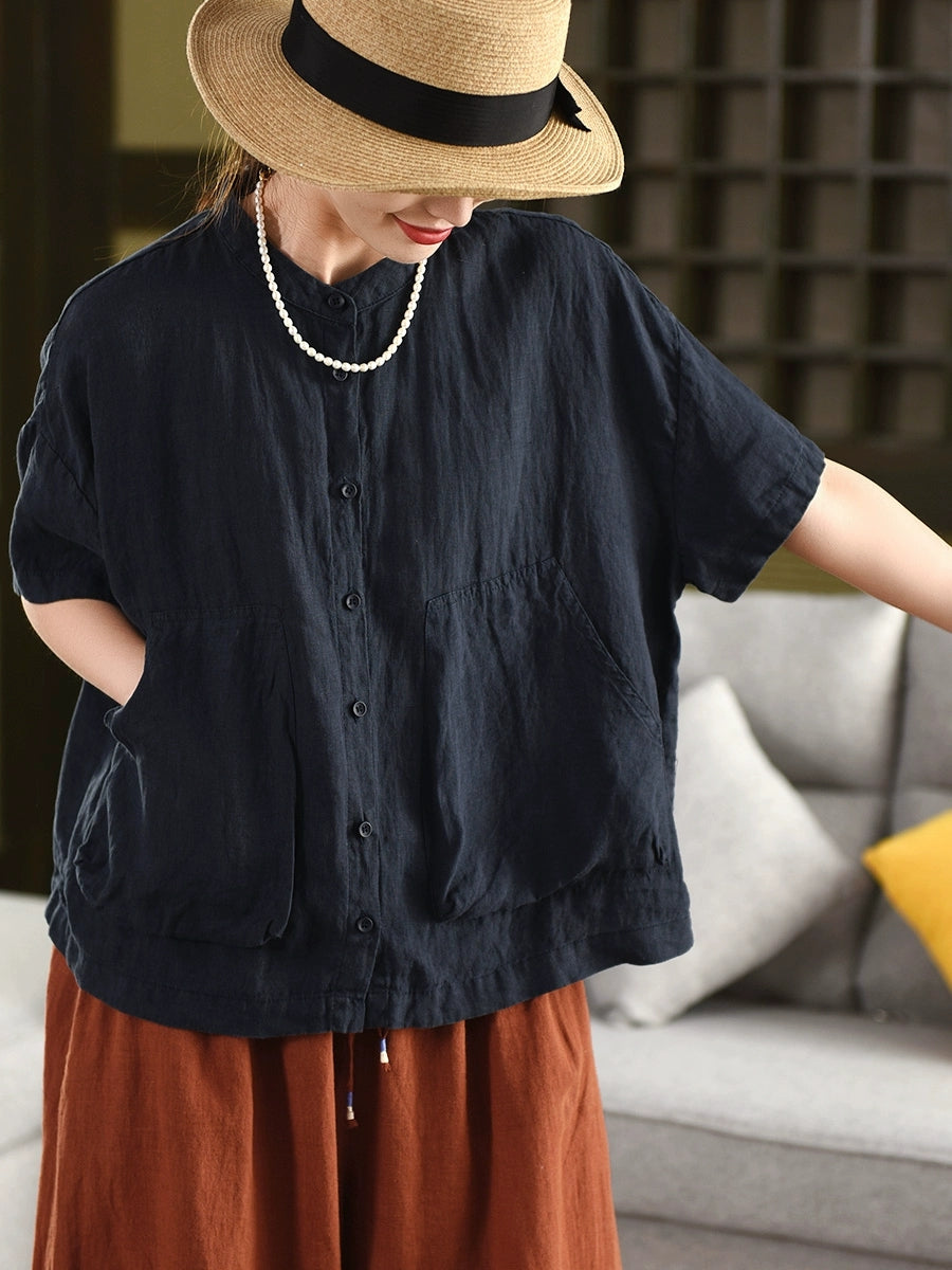 Women Summer Pure Color Stand Collar 100%Linen Shirt