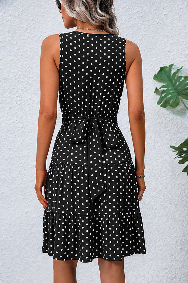 Black And White Dots Print V Neck Tie Waist Dress