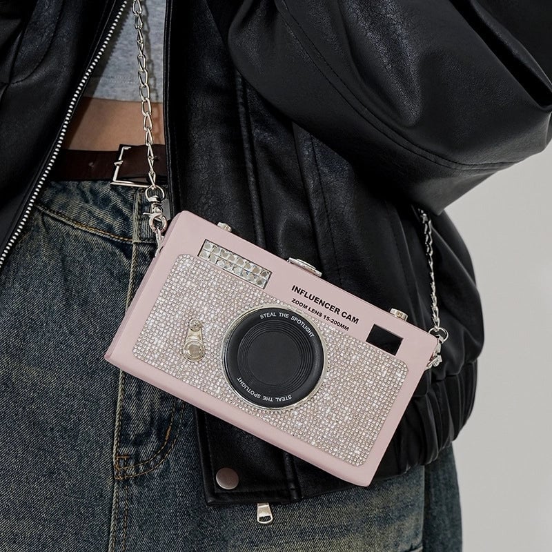Women's Small Pu Leather Camera Vintage Style Rhinestone Lock Clasp Camera Bag