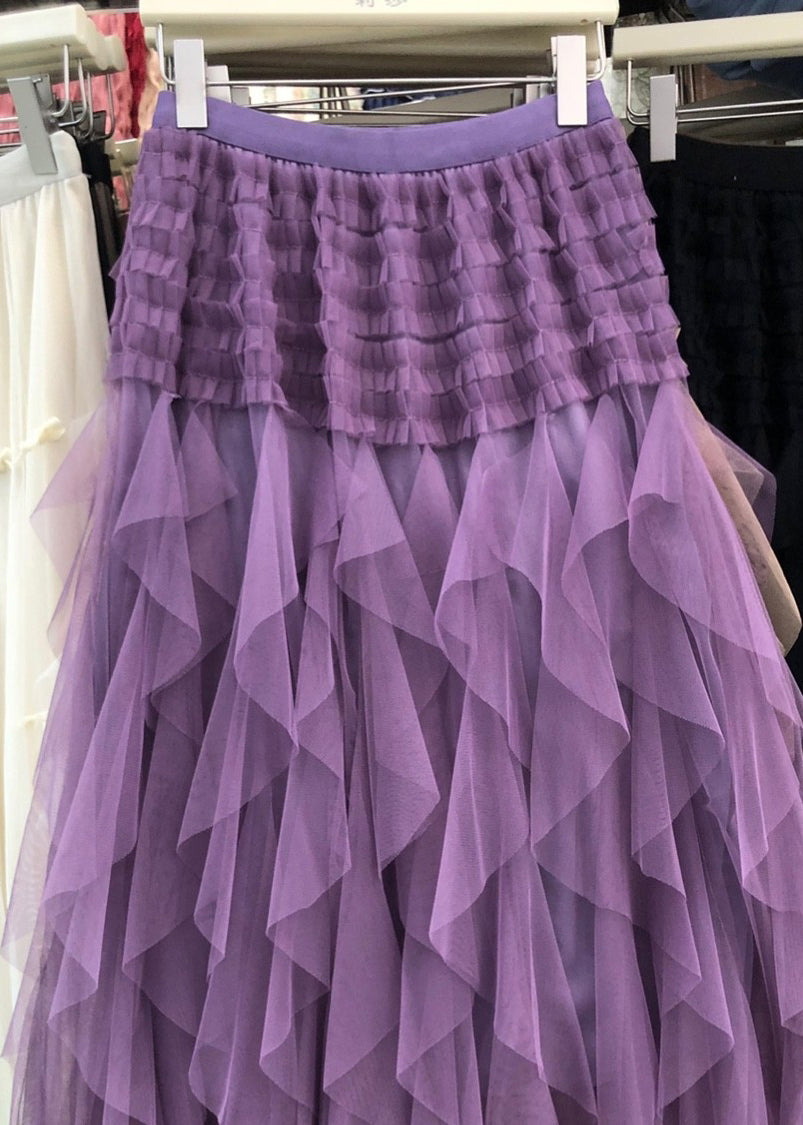 Casual Purple Asymmetrical Patchwork Elastic Waist Tulle A Line Skirt Summer