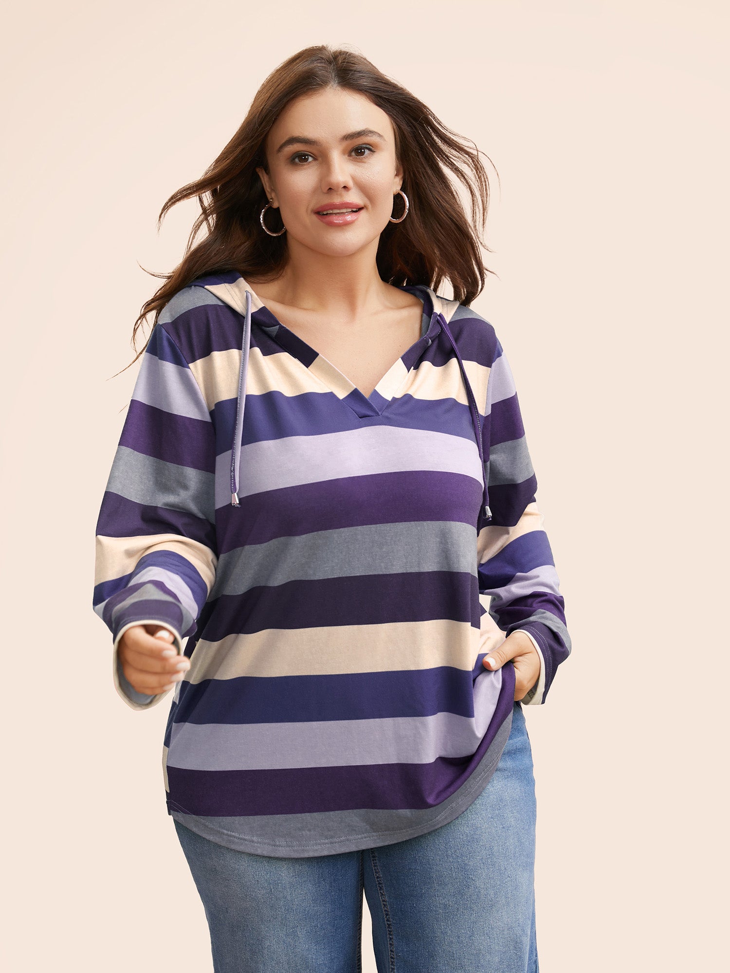 Contrast Striped Hooded Drawstring T-shirt