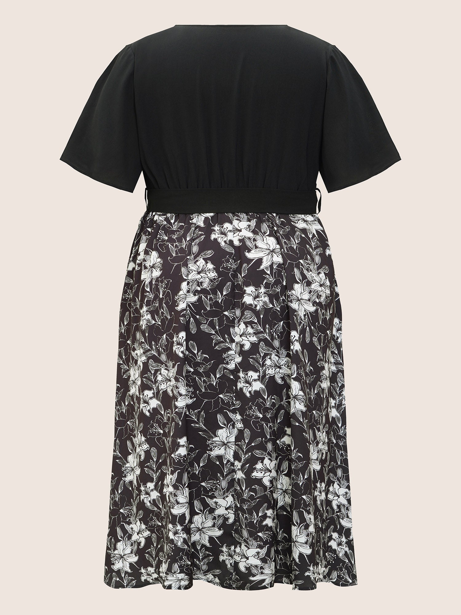 Floral Patchwork Pocket Belt Surplice Neck Ruffle Hem Dress
