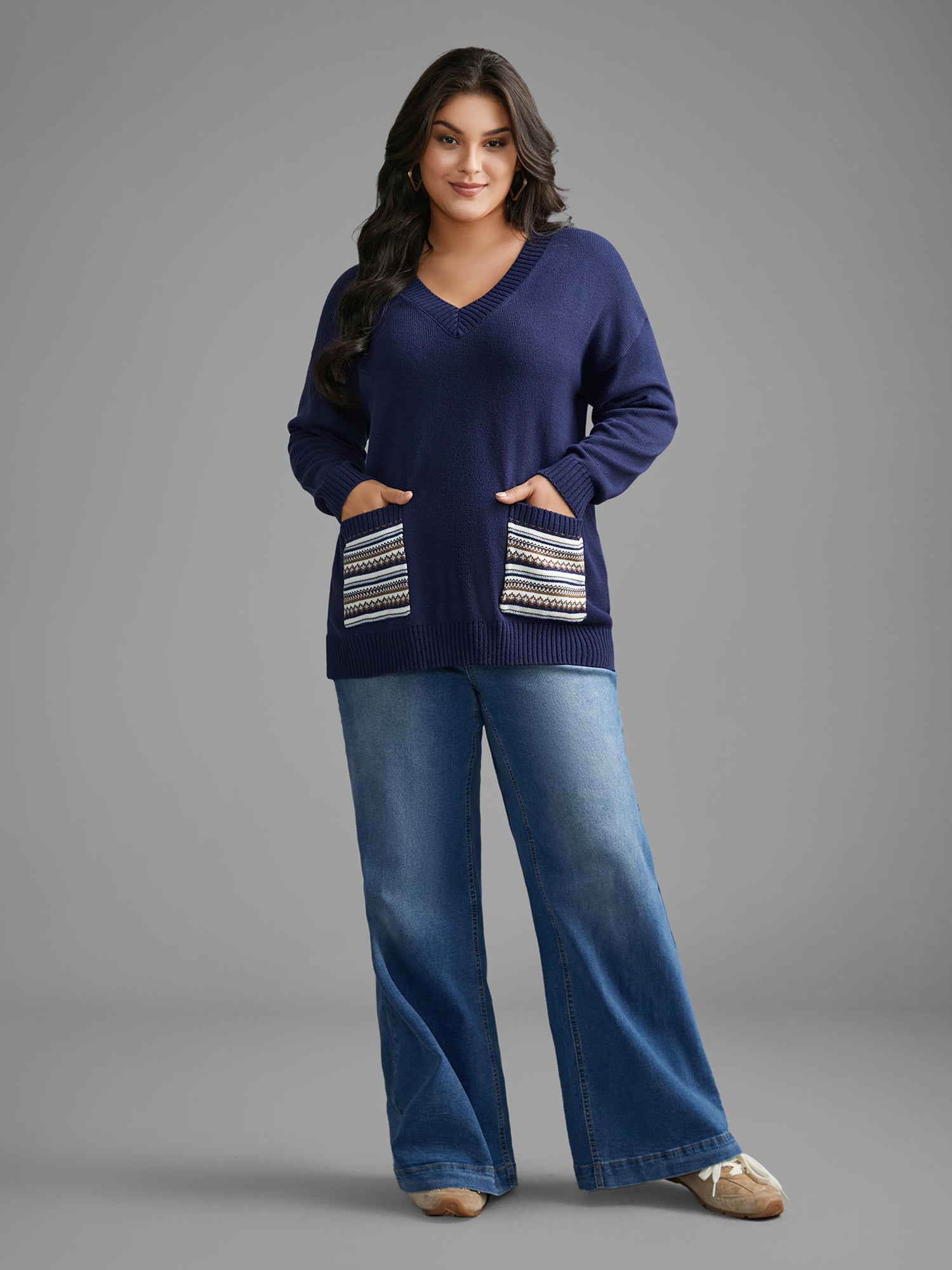 Striped Jacquard Patched Pocket Pullover