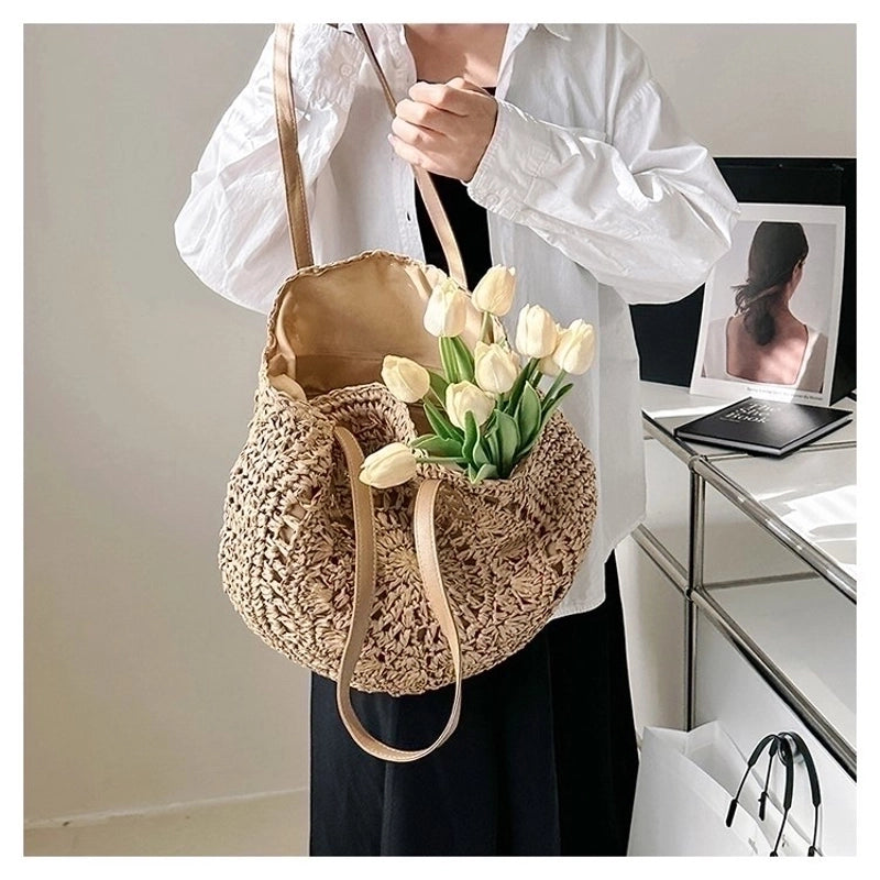 Women's Straw Solid Color Vacation Round Zipper Beach Bag