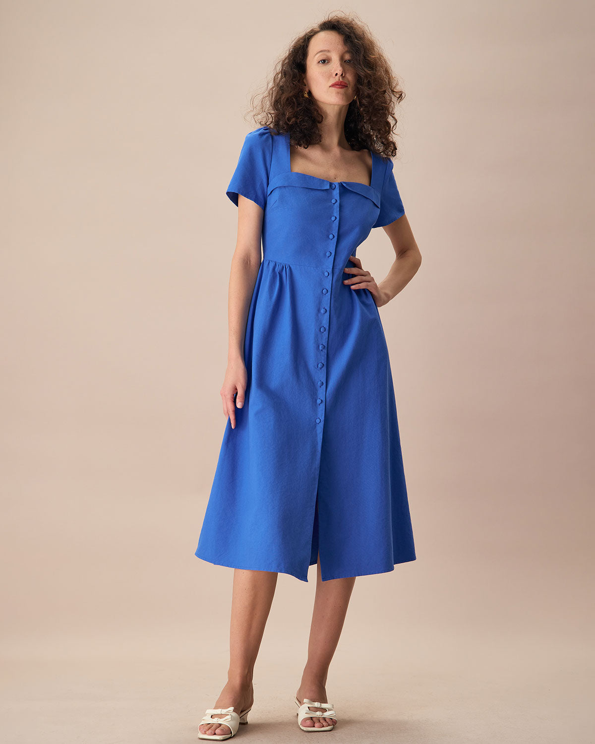 The Blue Sweetheart Neck Button Midi Dress