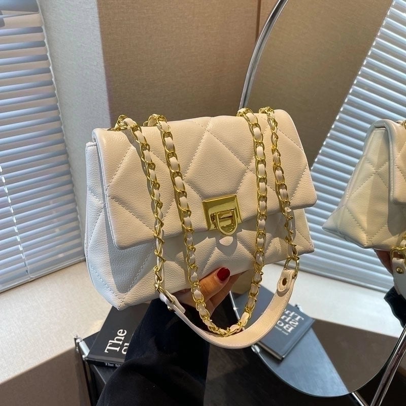 Women's Lingge Classic Style Sewing Thread Square Lock Clasp Shoulder Bag