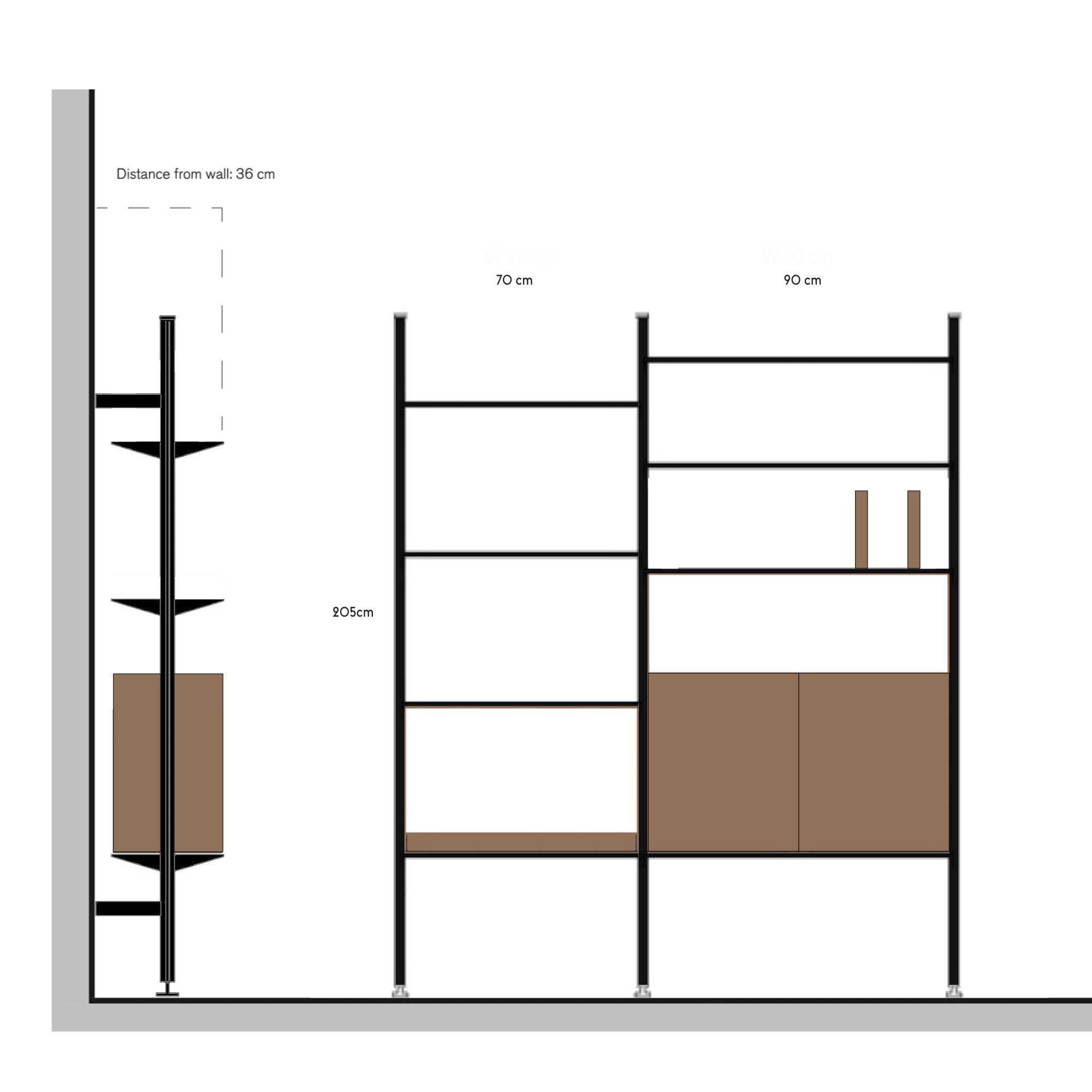 String Pira G2 wall-mounted floor shelf 90+70. black/walnut