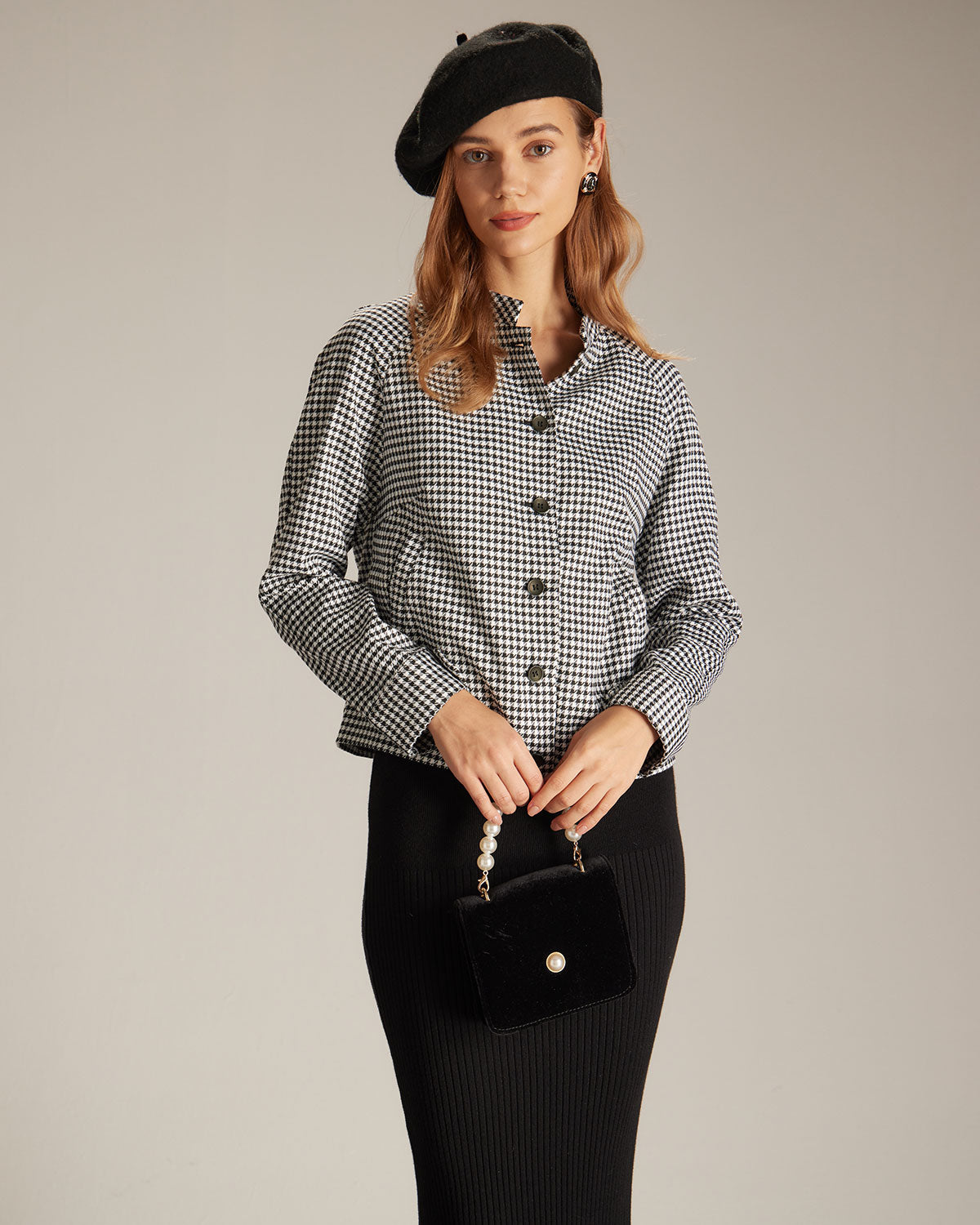 The Black Mock Neck Houndstooth Jacket