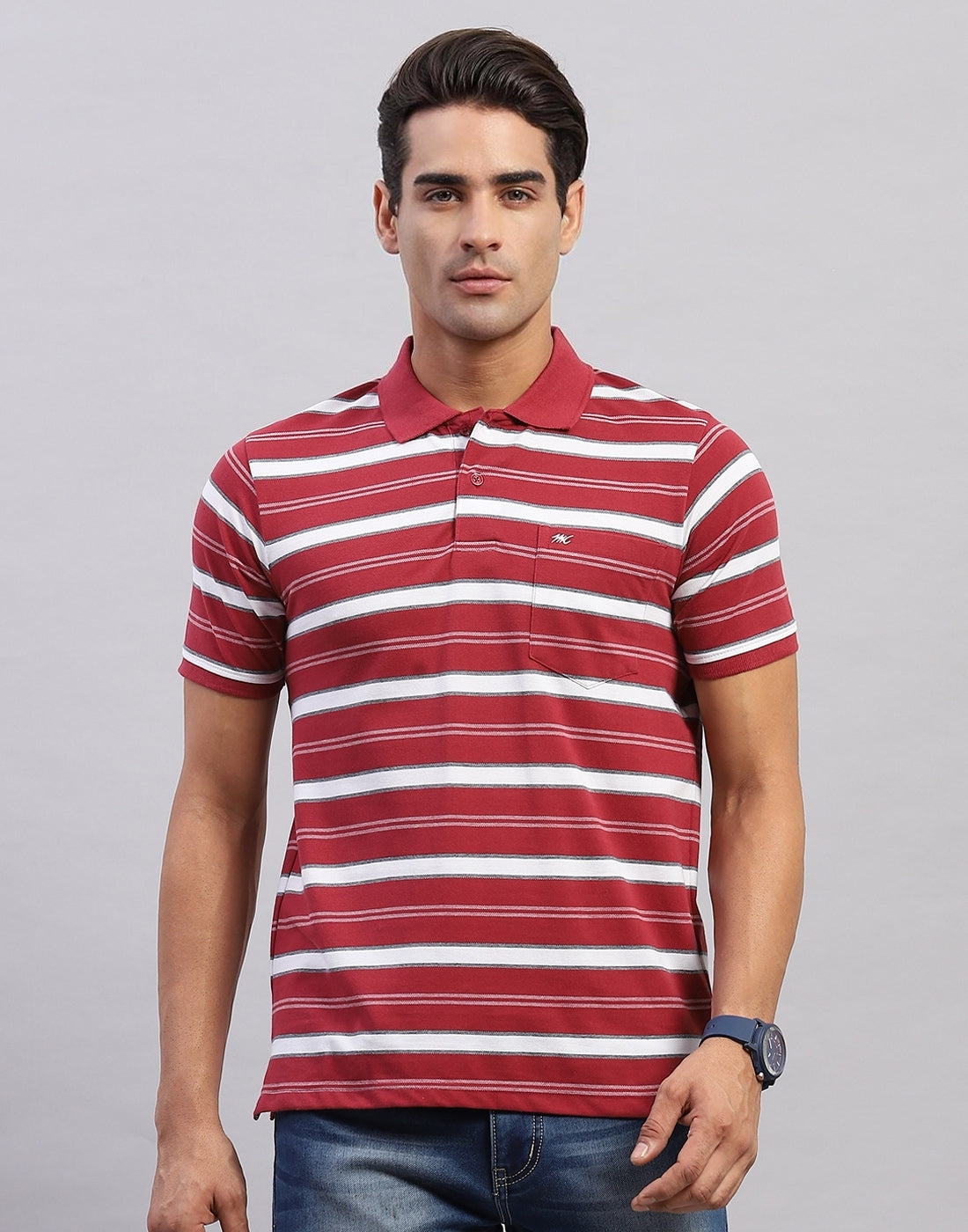 Men Maroon Stripe Polo Collar Half Sleeve T-Shirt