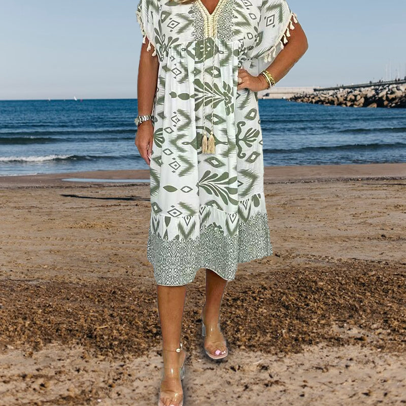 💕Printed Casual Dress With V-Neckline and Fringes on the Short Sleeves