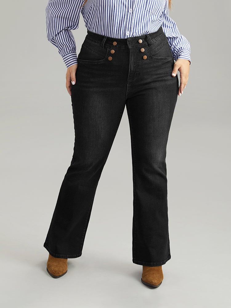 Flare Leg Button Detail High Rise Jeans