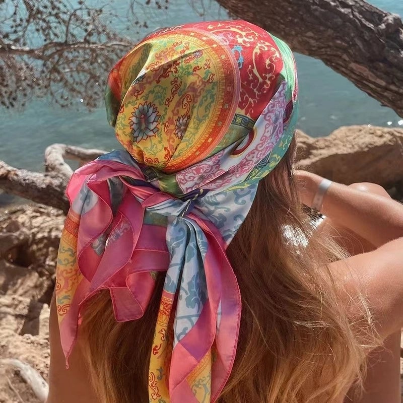 Women's Tropical Color Block Satin Silk Scarf Kerchief